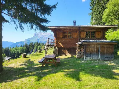 a log cabin with a picnic table in front of it at Chalet d'alpage avec vue incroyable in Saint-Gervais-les-Bains