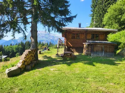 a log cabin with a tree and a bench at Chalet d'alpage avec vue incroyable in Saint-Gervais-les-Bains