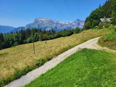a dirt road in a field with mountains in the background at Chalet d'alpage avec vue incroyable in Saint-Gervais-les-Bains