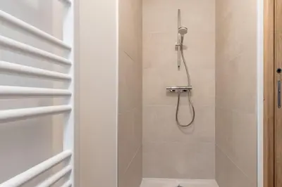 a shower with a shower head in a bathroom at Alpage Mont Blanc in Combloux
