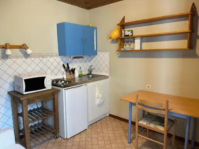 a small kitchen with a counter and a microwave at Studio meublé bon emplacement in Chamonix-Mont-Blanc