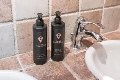 two bottles ofodorizers sitting on a bathroom sink at Le Gite - Le Mont Blanc - 9 pax in Saint-Gervais-les-Bains