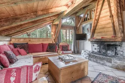 a living room with a couch and a fireplace at Le Gite - Le Mont Blanc - 9 pax in Saint-Gervais-les-Bains