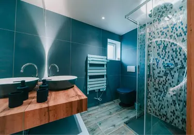a bathroom with two sinks and a shower at Au pied du télécabine & gare St Gervais in Saint-Gervais-les-Bains