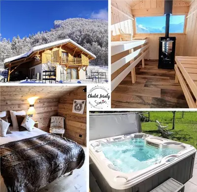 a collage of photos with a hot tub and a house at Chalet Josaly Jacuzzi et Sauna in Samoëns