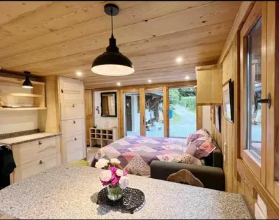 a living room of a tiny house with a bed at Mini Chalet vue montagne in Les Houches