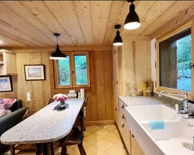 a kitchen and living room with a large island in a tiny house at Mini Chalet vue montagne in Les Houches