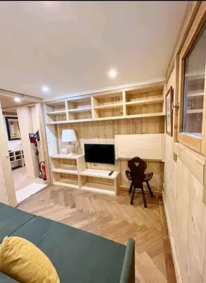 a room with a bed and a tv and shelves at Mini Chalet vue montagne in Les Houches