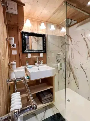 a bathroom with a sink and a shower at Mini Chalet vue montagne in Les Houches