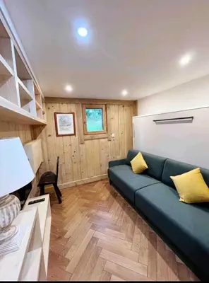 a living room with a green couch and wooden walls at Mini Chalet vue montagne in Les Houches