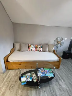 a bed in a room with a fan at Cosy F2 in Passy