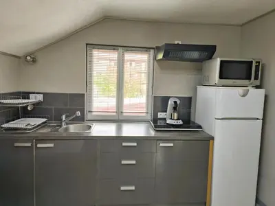 a kitchen with a white refrigerator and a microwave at Cosy F2 in Passy