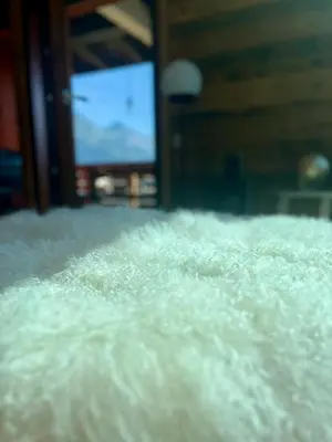 a pile of white fur in a room with a television at Chaleureux Chalet Familial - Vue époustouflante in Combloux