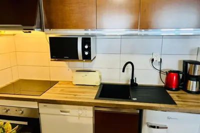 a kitchen with a sink and a microwave at Beautiful T2 with balcony near track in Chamonix-Mont-Blanc