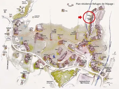 a map of a park with a marker on it at Bel appartement 3 ch, au pied des pistes avec wifi - FR-1-642-93 in Morillon