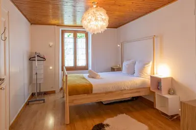 a bedroom with a large bed and a chandelier at Rimaye Blanche - A bright and cozy 1 bed apartment in Chamonix-Mont-Blanc