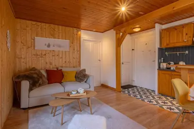 a living room with a couch and a table at Rimaye Blanche - A bright and cozy 1 bed apartment in Chamonix-Mont-Blanc