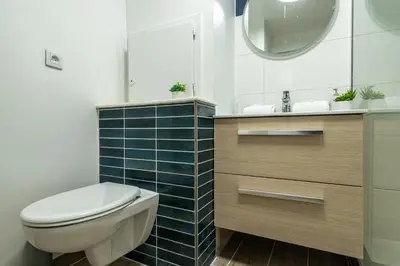 a bathroom with a toilet and a sink and a mirror at Bois des Fées - newly renovated central Chamonix apartment in Chamonix-Mont-Blanc