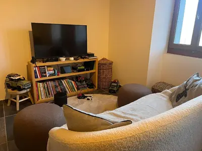 a living room with a couch and a television at Chalet La Foge - Samoens x 14, skis aux pieds in Morillon