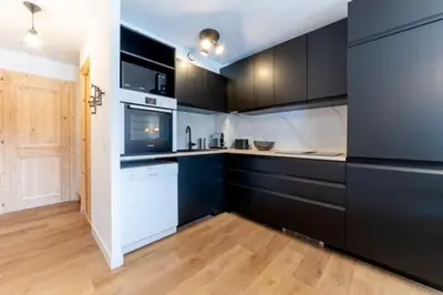 a kitchen with black cabinets and white appliances at Appartement à Megève skis aux pieds - La CABOCHE in Le Planellet