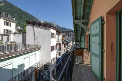a view from a balcony of a building at Spacious loft on pedestrian street with views in Chamonix-Mont-Blanc