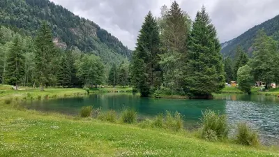 a lake in a field with trees and a mountain at Studio cosy au pied des remontées,wifi,smart TV,parking in Les Contamines-Montjoie