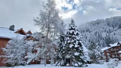 a group of trees covered in snow next to a building at Studio cosy au pied des remontées,wifi,smart TV,parking in Les Contamines-Montjoie