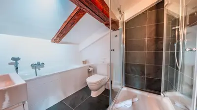 a bathroom with a toilet and a shower and a sink at Le Hameau de Taconnaz - Calme - Charme in Les Houches