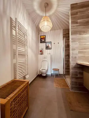 a shower with a glass door in a bathroom at Vue sur le MontBlanc in Domancy