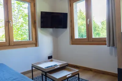 a room with a bed and two windows and a tv at Studio Miloé secteur TMB in Saint-Gervais-les-Bains