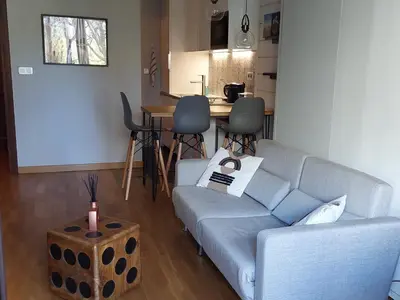 a living room with a blue couch and a kitchen at Studio confortable rénové en résidence verdoyante à Chamonix - FR-1-517-69 in Chamonix-Mont-Blanc