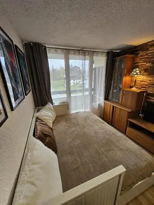 a bedroom with a large bed with a window at studio plein SUD été comme hiver in Les Carroz d'Araches