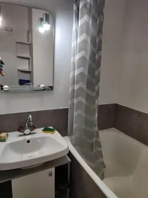 a bathroom with a sink and a shower curtain at studio plein SUD été comme hiver in Les Carroz d'Araches
