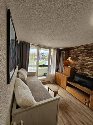 a bedroom with a large bed with a window at studio plein SUD été comme hiver in Les Carroz d'Araches