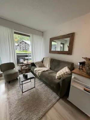 a living room with a couch and a mirror at Le Carolaz Studio cosy et familial pour 4 personnes in Les Contamines-Montjoie