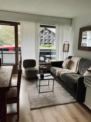 a living room with a couch and a table at Le Carolaz Studio cosy et familial pour 4 personnes in Les Contamines-Montjoie