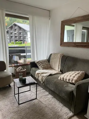 a living room with a couch and a table at Le Carolaz Studio cosy et familial pour 4 personnes in Les Contamines-Montjoie