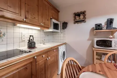 a kitchen with a washing machine and a microwave at Les Carlines in Les Contamines-Montjoie