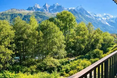 a kitchen with a sliding glass door and a refrigerator at Comfort nature and exceptional Mont Blanc view in Chamonix-Mont-Blanc