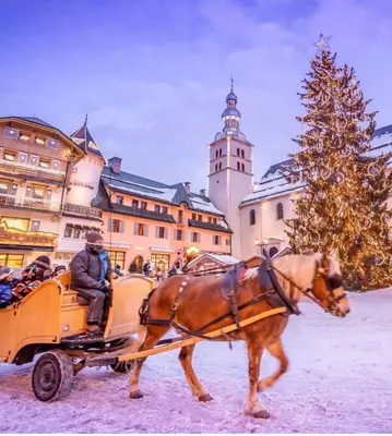 a horse drawn carriage in front of a christmas tree at Résidence Vallée Blanche in Sallanches