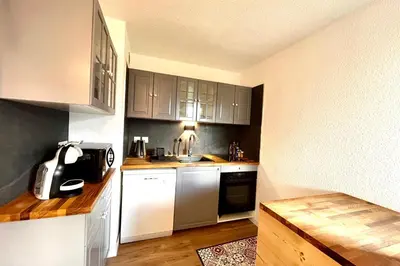 a small kitchen with white cabinets and a sink at Cozy Joly in Saint-Gervais-les-Bains