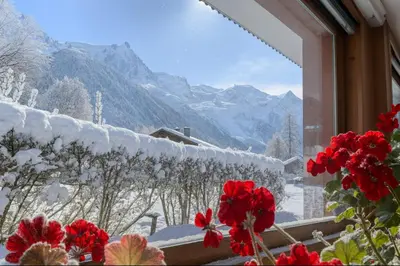 a window with a view of a snow covered mountain at Bright apartment - near Mont Blanc in Chamonix-Mont-Blanc