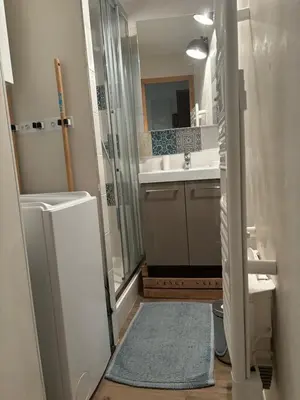 a bathroom with a shower and a sink and a mirror at Marmotton in Megève