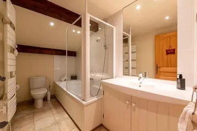 a bathroom with a toilet and a sink and a shower at Chalet Cleo - charmant chalet 180 m2 avec vue montagne in Samoëns