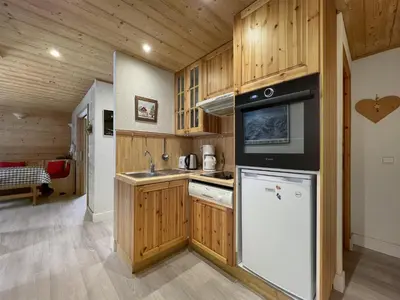 a kitchen with wooden cabinets and a sink and a refrigerator at ARA15 Appartement 6 Pers centre station Carroz in Les Carroz d'Araches