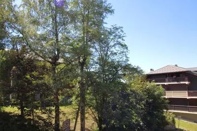 a group of trees in front of a building at AM104 Duplex 8 Pers centre des Carroz in Les Carroz d'Araches