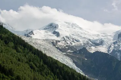 a snow covered mountain with trees in front of it at Les Barrats - Duplex - Central - Vue Mont-Blanc in Chamonix-Mont-Blanc