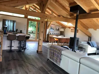a living room with a white couch and a fireplace at Chalet Aspre in Samoëns