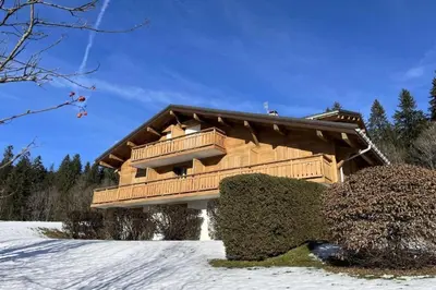 a wooden house in the snow with bushes in front at Terrasse du Front de Neige in Demi-Quartier