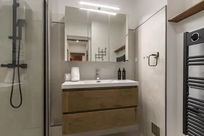 a bathroom with a sink and a shower at Appt Laltimetre - Jardin - Skis aux pieds in Chamonix-Mont-Blanc